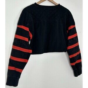 J. Peterman Crop Sweatshirt Black red Stripe Crew Neck Elbow Pads Women's Small